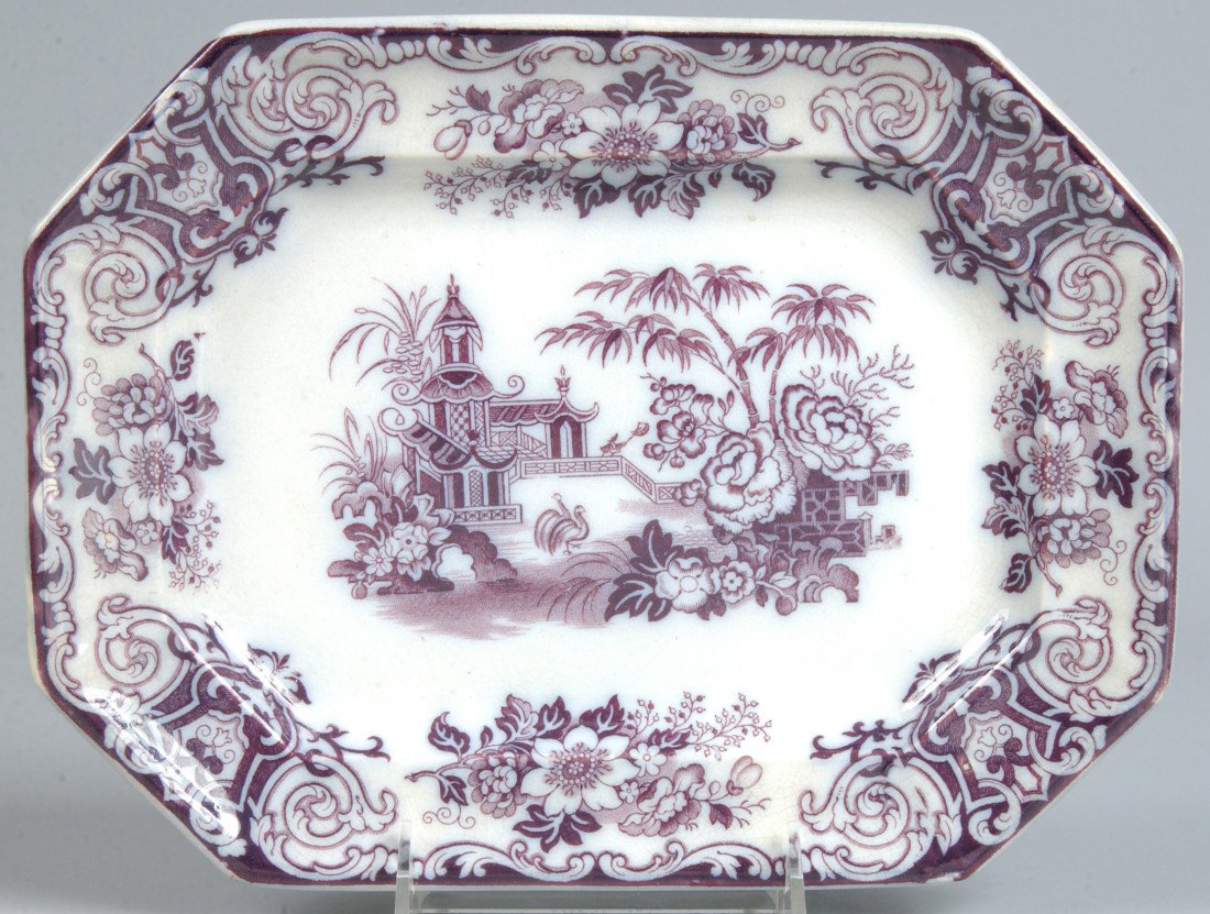 Ironstone China Purple Transfer "Simla" Platter by: Ironstone China Purple Transfer "Simla" Platter by Thomas Walker. 9 1/4" x 12 1/4". Condition: good with minor discoloration.