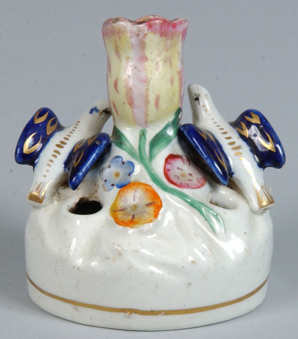 Staffordshire Type Spill or Inkwell, two doves wit: Staffordshire Type Spill or Inkwell, two doves with blue wings and polychrome flowers with one, a bud, on top as the holder, two other well holes near birds. Unmarked. Good: