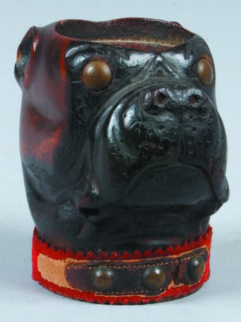 Carved Wooden Pug's Head Toothpick Holder, 2 3/4"h: Carved Wooden Pug's Head Toothpick Holder, 2 3/4"h.; brass eyes, red cloth with leather and brass tack collar. Unmarked. Condition: missing liner.