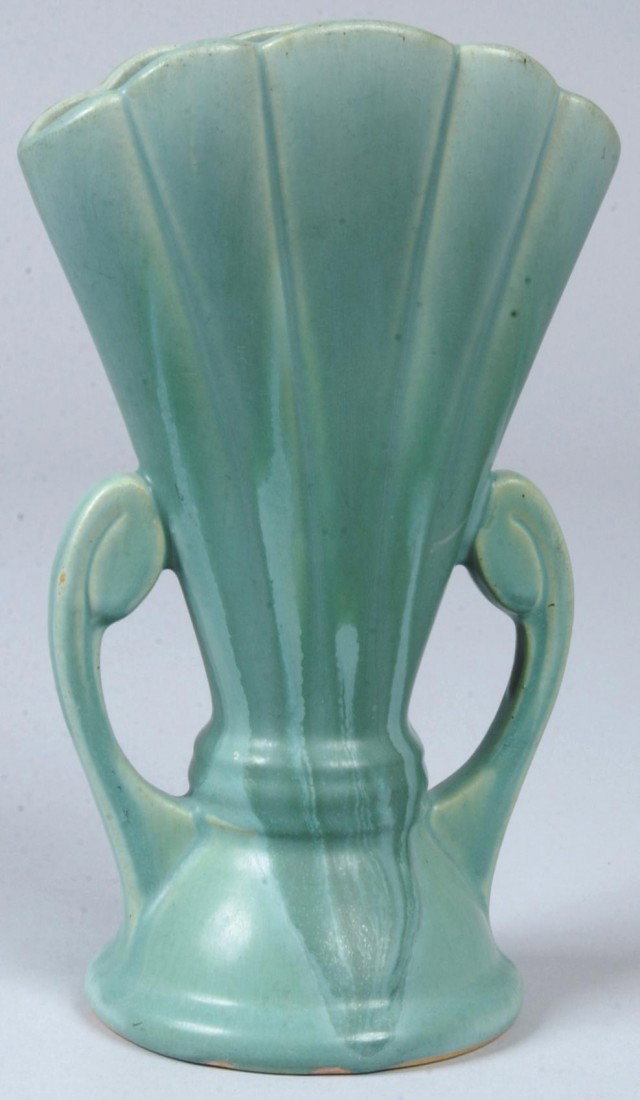 Roseville Fan Shape Vase, green on green drip glaz: Roseville Fan Shape Vase, green on green drip glaze. Marked: old stenciled "Rv" in blue on bottom. 8 1/4"h. Condition: Good