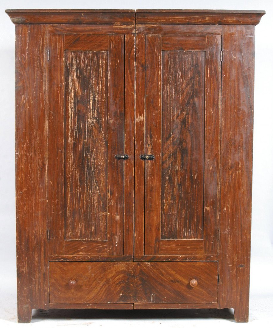 Softwood Grain Paint Decorated Wardrobe with ogee : Softwood Grain Paint Decorated Wardrobe with ogee molded cornice, two paneled doors, full-width dovetailed lower drawer and cut-out feet. 79"h x 64"w x 21"d. Condition: good with wear and scrapes.