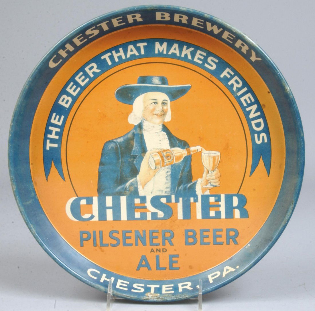 Chester Beer Advertising Tray, Quaker pouring a be: Chester Beer Advertising Tray, Quaker pouring a beer, Chester, PA. ca.1935 Mfg. by Electro-Chemical Engraving Co. N.Y. 12" dia. Condition: some paint lightened at rim