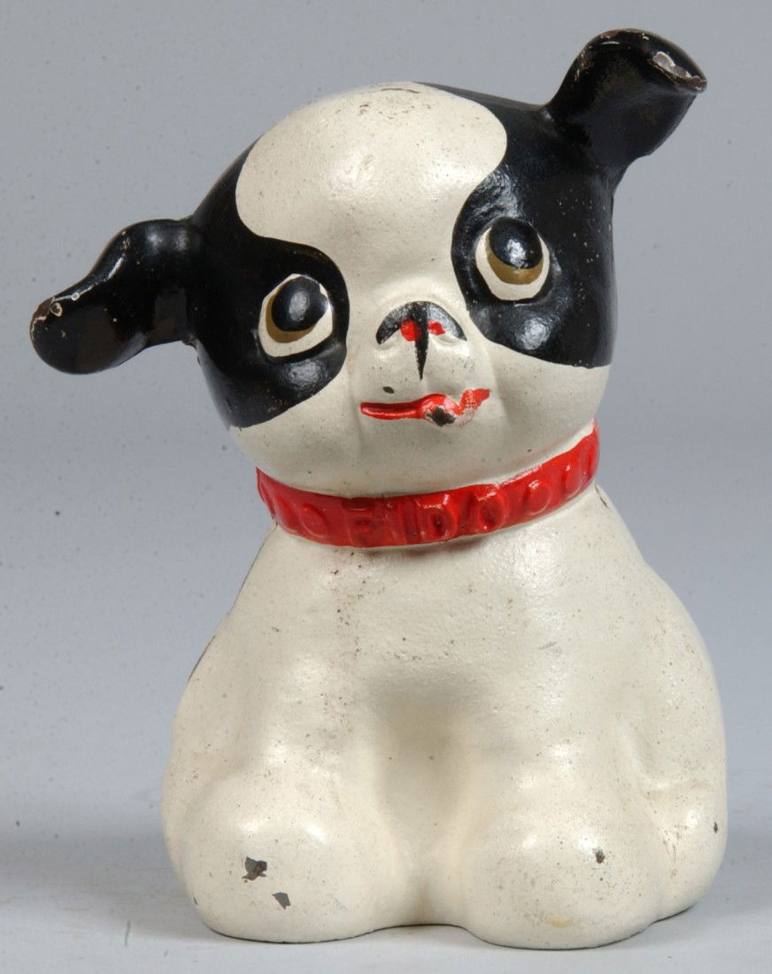 Painted Cast Iron Hubley Fido Bank, black on white: Painted Cast Iron Hubley Fido Bank, black on white with red collar, Marked inside: "1094", this is a recognized Hubley pattern, No. 823. there is light lettering across the back of the head. Both item