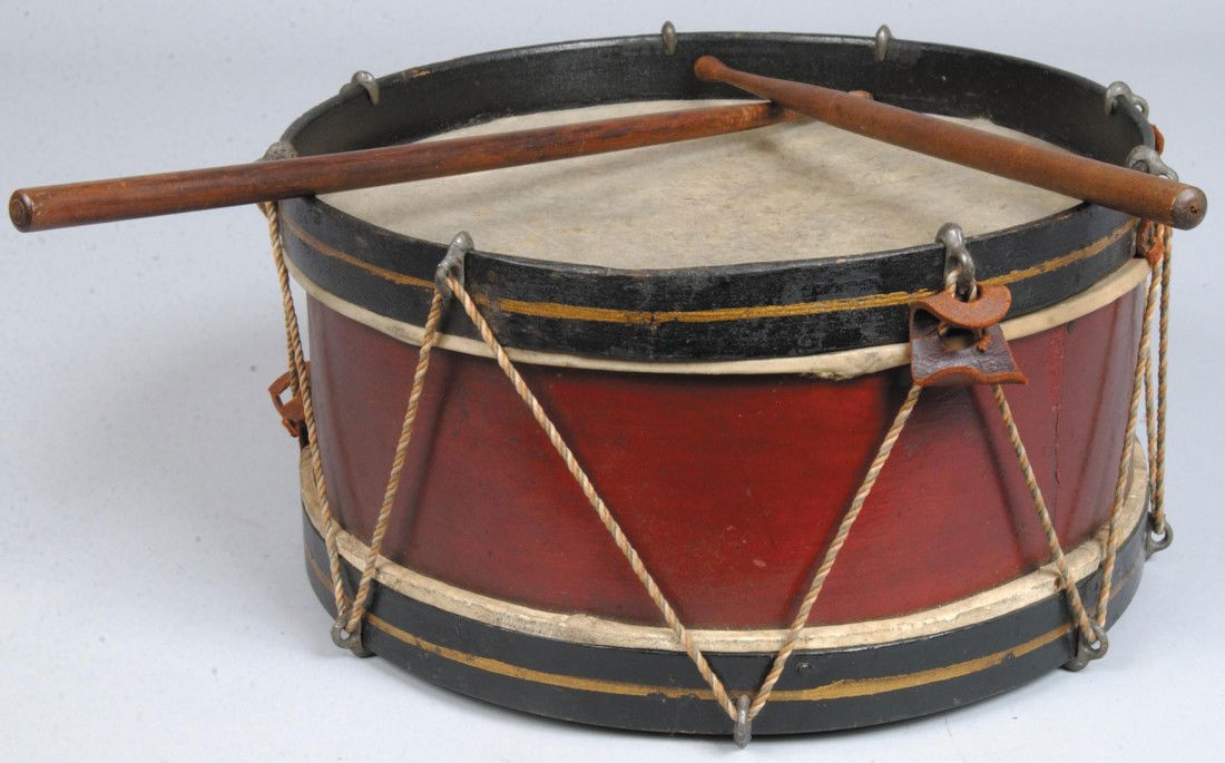 Toy Snare Drum , with sticks, stained body, painte: Toy Snare Drum , with sticks, stained body, painted rims, calf head. No makers mark. 6"h. X 12" dia. Condition: missing 4 of 8 leather tension ears, use wear