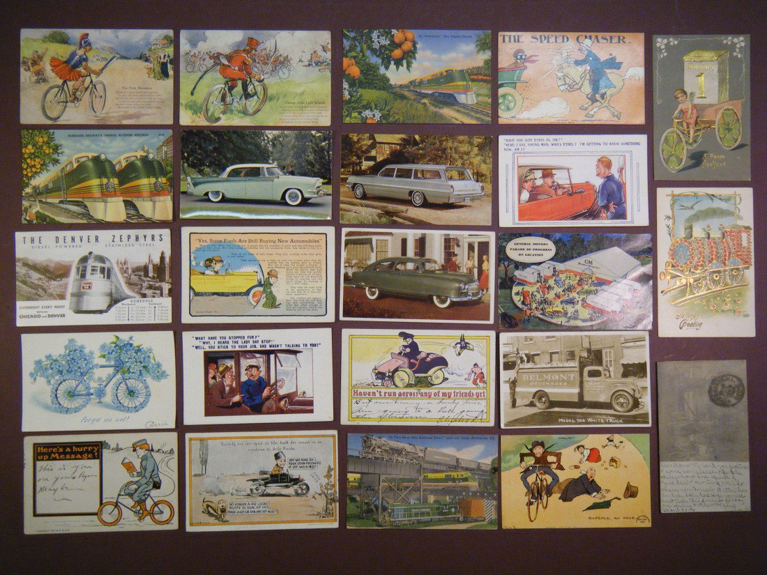 (23 vintage PCs of Trains, Cars, & Bicycles) incl 2: (23 vintage PCs of Trains, Cars, & Bicycles) incl 2 Corbin Brakes (Bicycle) advert cards, 2 rppcs, 3 advertising pcs for 19502-60s American cars.