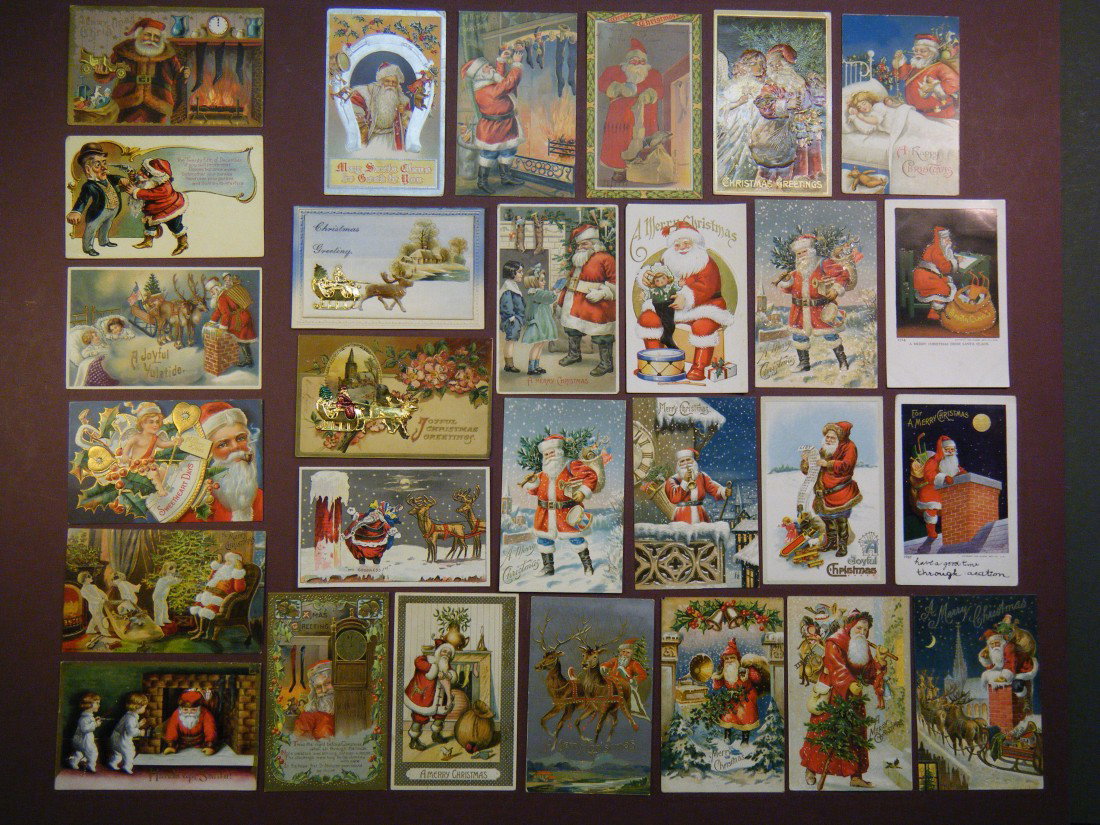 30 red suited Santa PCs, including 2 signed "Wall",: 30 red suited Santa PCs, including 2 signed "Wall", 2 novelty with sleds attached to cards (one of which is on padded silk with a die-cut vignette). Several cards may have residue from having been glu