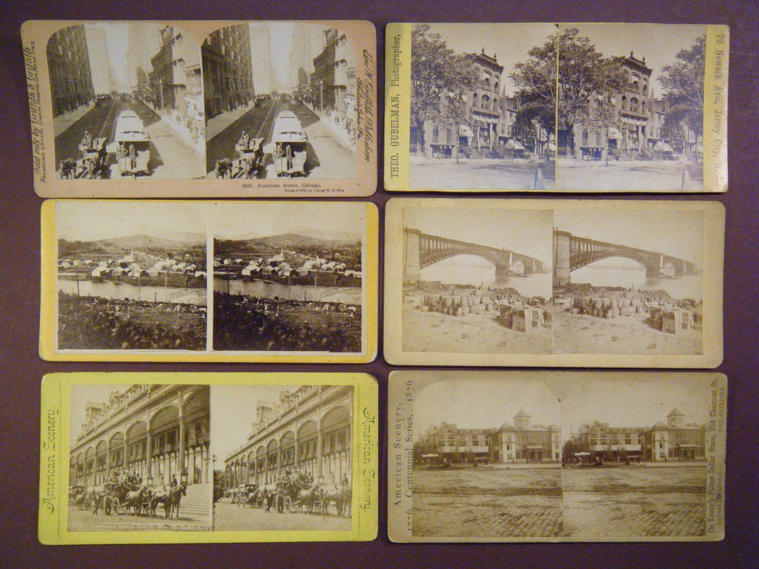 12 stereoviews of misc American town views, includi: 12 stereoviews of misc American town views, including 5 of Saratoga Springs, NY, Moosilauke Mt., Fort William Henry Hotel in Lake George, the bridge from ft of Washington Ave in St. Louis,Dearborn St,