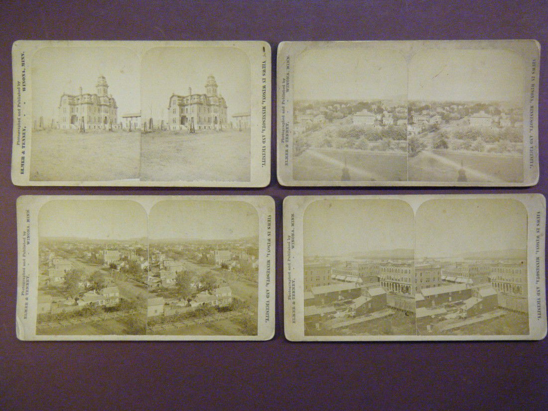 8 real photo stereoviews of Minnesota, including 4: 8 real photo stereoviews of Minnesota, including 4 views of Winona by Elmer & Tenney and 2 views of Minneapolis and 2 of stemboats on Lake Park and Solberg's Point by JE Stadon.