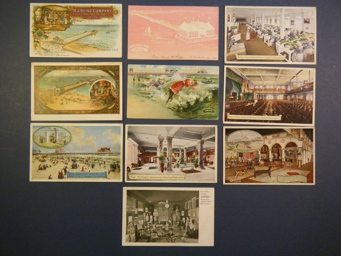 (HJ Heinz) 19 Vintage postcards and trade cards. In: (HJ Heinz) 19 Vintage postcards and trade cards. Included in this lot are 3 interior views of the Pittsburgh plant, 7 interior and exterior pc views of the Heinz Ocean Pier at Atlantic City (3 are pri