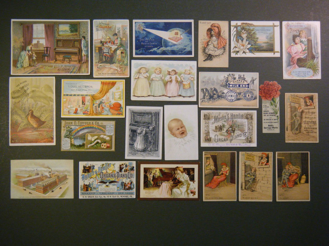 (Reading/Berks County) 22 trade cards, includinga: (Reading/Berks County) 22 trade cards, includinga humorous 4 card series on wooing a woman from Myers &Heim clothing, a celluloid die-cut book mark from Biehl's Carriage Works, 2 Mason & Hamlin organ