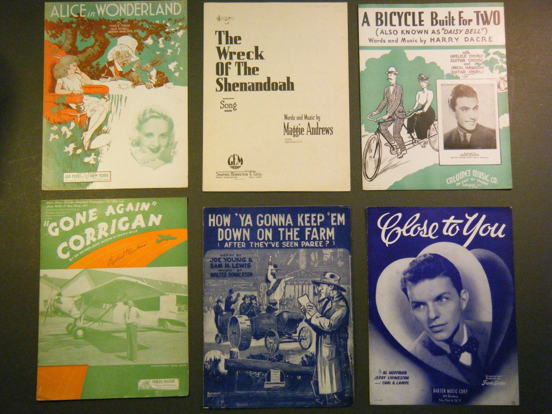 37 misc vintage sheet music, including WWI, black : 37 misc vintage sheet music, including WWI, black portrayals, Frank Sinatra, etc. Titles include Casey Jones, the Brave Engineer, The Marine's Hymn, Alice In Wonderland, A Bicycle Built for Two, The A