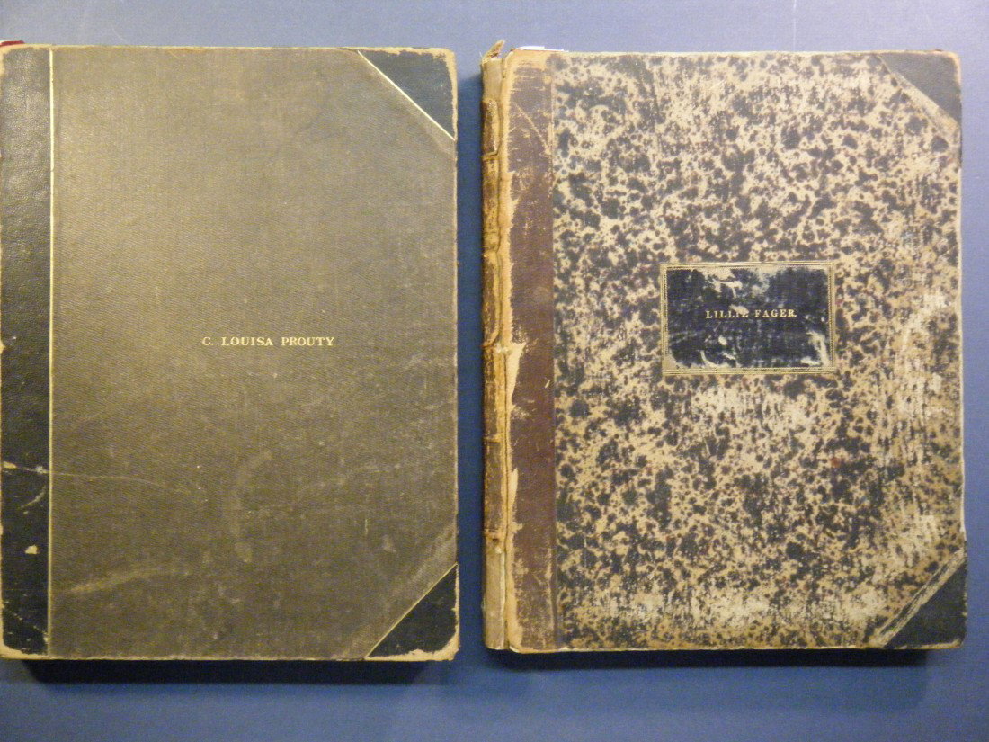 2 volumes of bound sheet music, circa 1847-85 whi: 2 volumes of bound sheet music, circa 1847-85 which include several color and b&w lithographed covers. Includes Colonel Ellsworth's Funeral March (with full-length color litho portrait of the slain Ci
