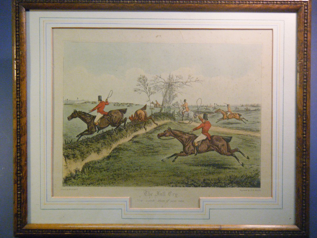 (3 sporting items re: Henry Alken) Includes a fram: (3 sporting items re: Henry Alken) Includes a framed fox hunting scene, "The Full Cry. Now Catch Them if You Can" engraved by RG Reeve and published by Brall & Sons, London. Image (laid down) measures