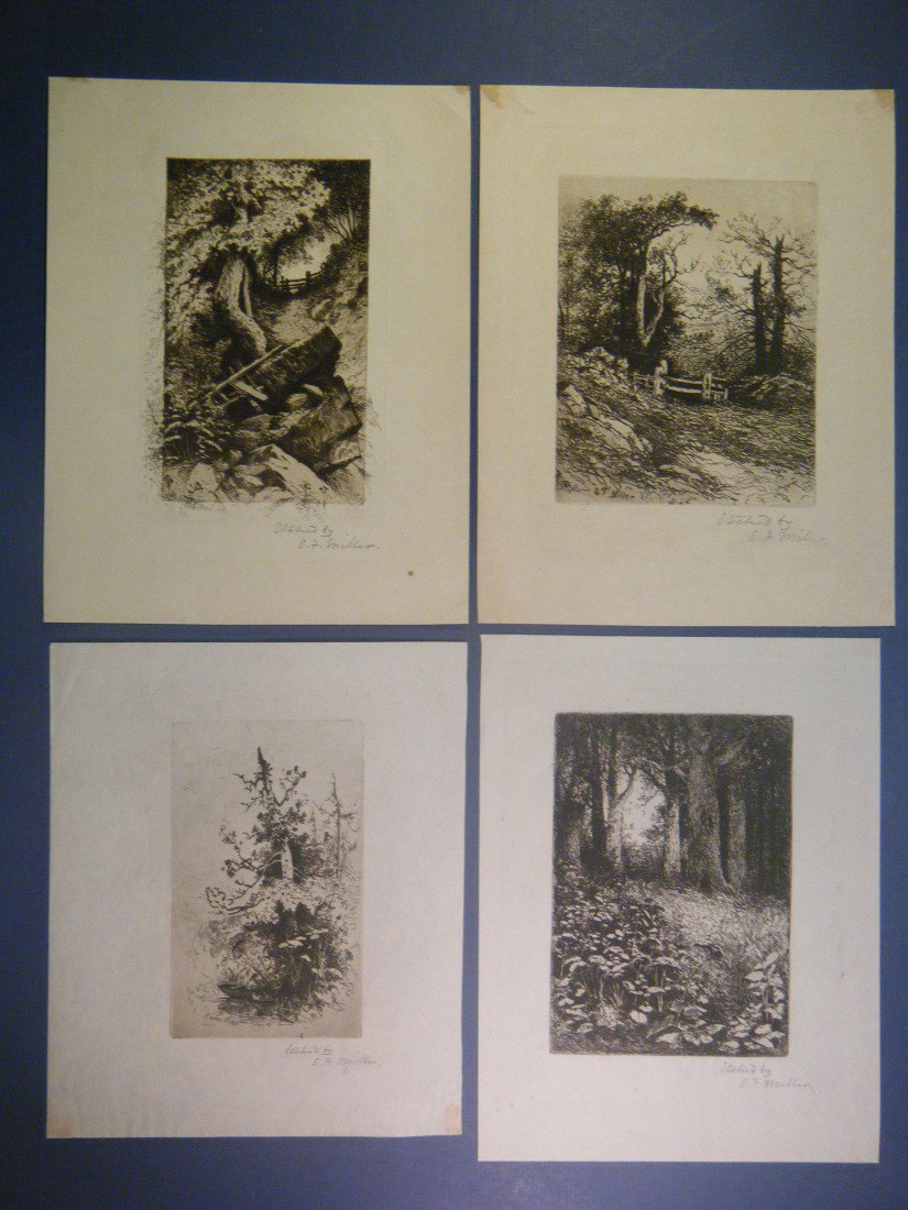 (8 ORIGINAL ETCHINGS, INC 4 BY ef Miller) Apparent: (8 ORIGINAL ETCHINGS, INC 4 BY ef Miller) Apparently never framed, all 4 are both pencil and plate signed, and one plate is dated "89". Also, "On New York Bay", a plate signed etching by Henry Farrer;