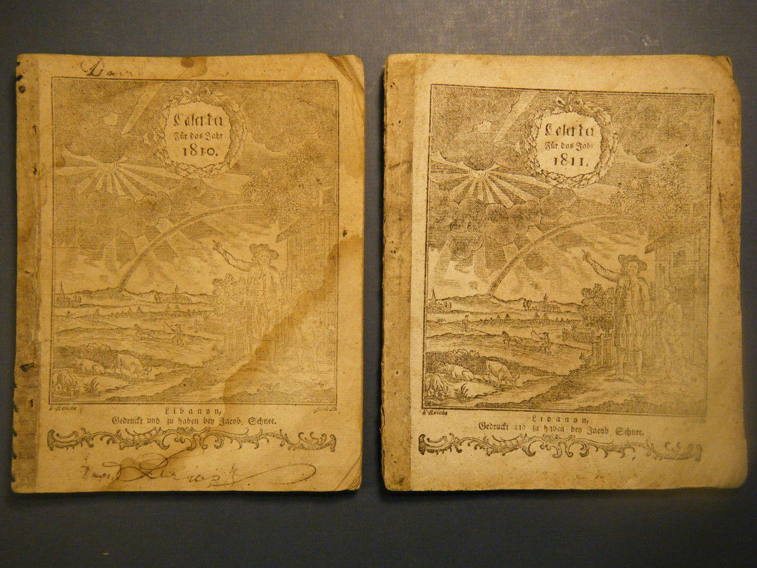 (2 Schnee/Lebanon, PA almanacs) NEUER HAUSWIRTHSCH: (2 Schnee/Lebanon, PA almanacs) NEUER HAUSWIRTHSCHAFTS-CALENDER, AUF DAS JAHR 1810...ZUM DRITTENMAL HERAUSGEGEBEN VON JACOB SCHNEE IN LIBANON, 42pp. Cover illustration is signed F. Reiche. Ink ownersh