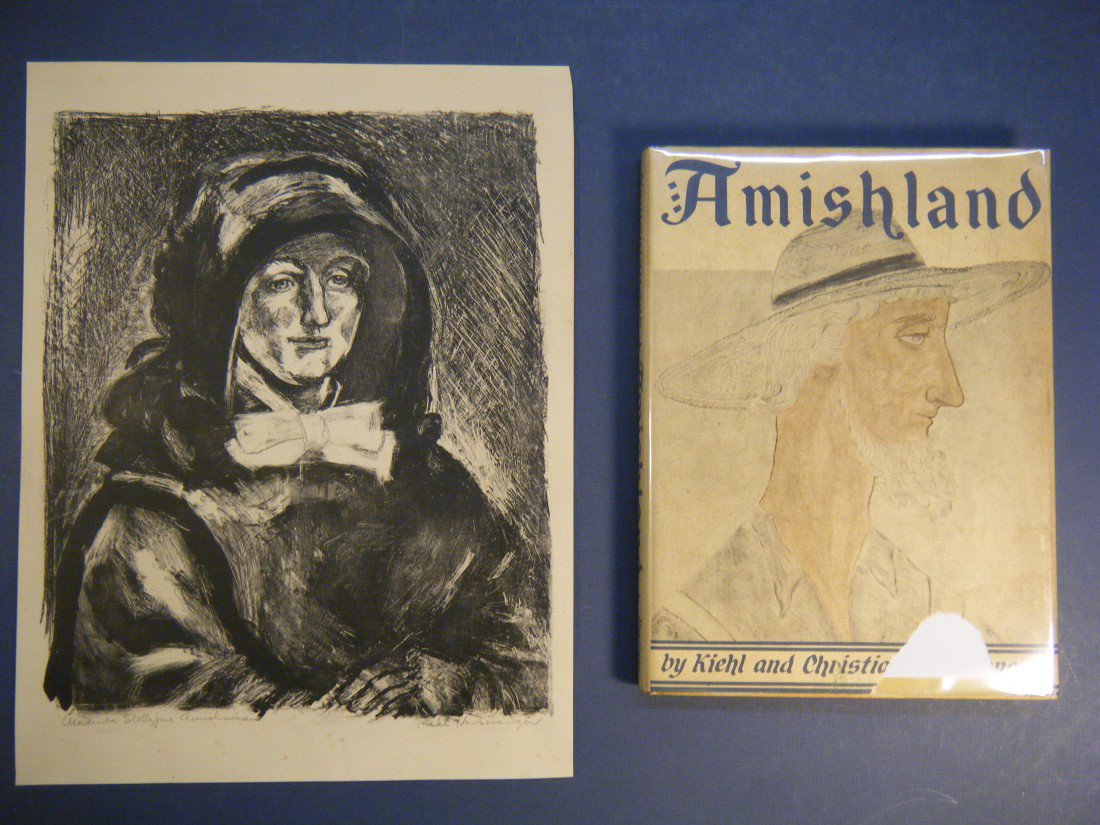 (2 re: Amish artist Kiehl Newswanger) Original bla: (2 re: Amish artist Kiehl Newswanger) Original black and white lithograph of an Amish woman. Pencil-signed in lower right corner and titled in pencil as well "Amanda Stoltzfus, Amishwoman". Measures a