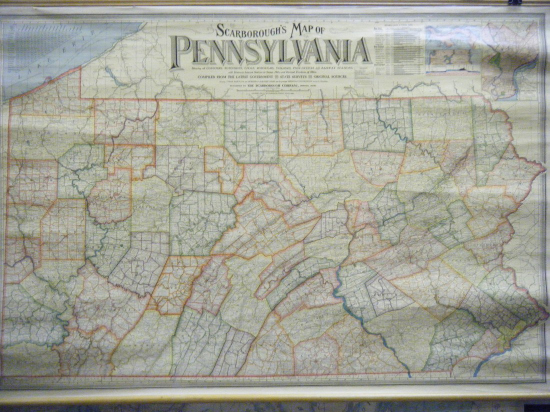 (3 Penna. Maps) SCARBOROUGH'S MAP OF PENNSYLVANIA,: (3 Penna. Maps) SCARBOROUGH'S MAP OF PENNSYLVANIA, Scarborough Co,. 1904, Boston, MA. This is a large roll map, 54" x 37", on maple(?) rollers, with original string ties, on waterproof paper with prin