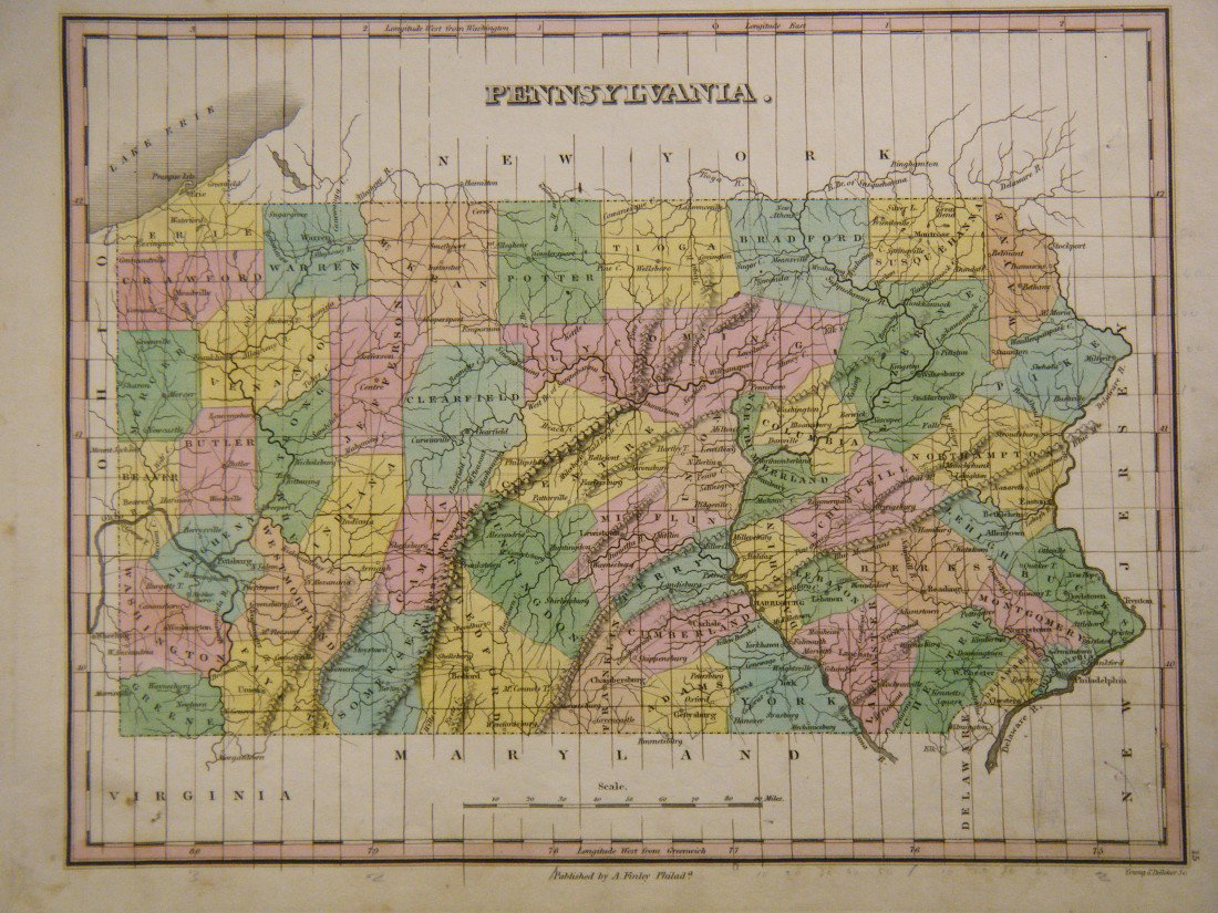 (7 various maps of Penna) Included: ca 1824 hand-c: (7 various maps of Penna) Included: ca 1824 hand-colored map by A. Finley, some marginal spotting, o/w VG; ca 1840 hand-drawn map of PA matted and framed (inside border of matt measures 9 1/4" x 6 3/4