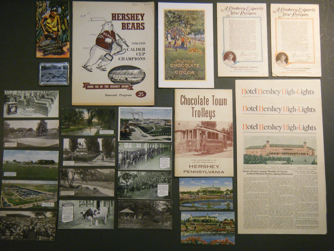 (Hershey, PA Ephemera) 25 Items, Including: 15 pos: (Hershey, PA Ephemera) 25 Items, Including: 15 postcards issued as premiums with their chocolate products, plus a 1920 view of the factory, and 2 "chromos" of the Hotel Hershey. GD-VG. With: 4 various