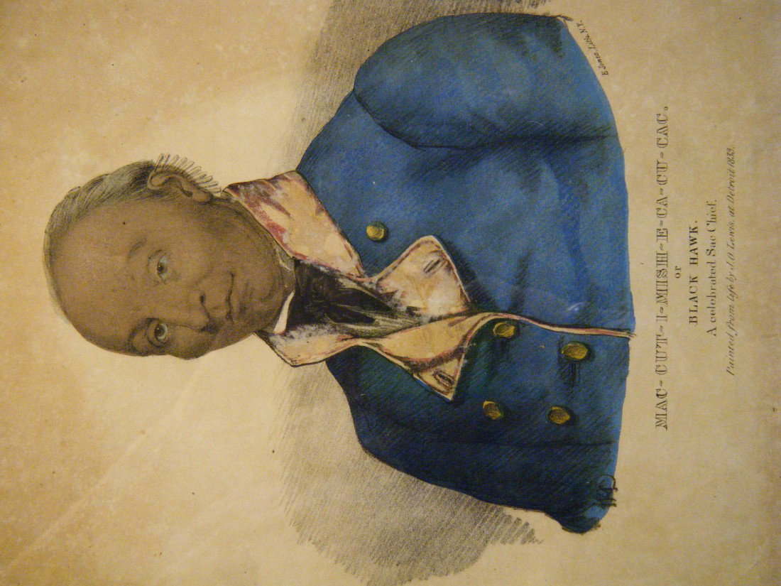 Circa 1835 portrait of Black Hawk by JO Lewis. Thi: Circa 1835 portrait of Black Hawk by JO Lewis. This is one of 72 color plates taken from "The Aboriginal Portfolio", Phila, 1836, 1st ed. The portfolio is quite scarce. The outside dimensions of the f