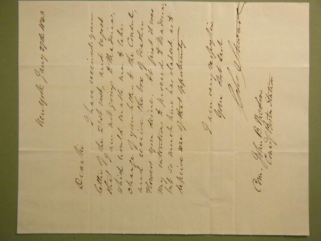 (4 American Military Autographs) 1843 1-page ALs b: (4 American Military Autographs) 1843 1-page ALs by Admiral Charles Stewart, hero of the War of 1812, writing to future Commodore John B. Nicolson about an upcoming trip to Madeira, and possibly picki