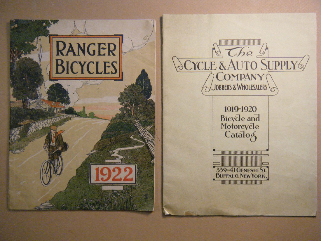 (2 1919/1922 Bicycle Catalogs) RANGER BICYCLES-192: (2 1919/1922 Bicycle Catalogs) RANGER BICYCLES-1922, 4to, 48 pp, illus. thru-out with color and B&W illus. of Bicycles and accessories, including a bi-fold flyer laid in ,along a/a price list. Color p