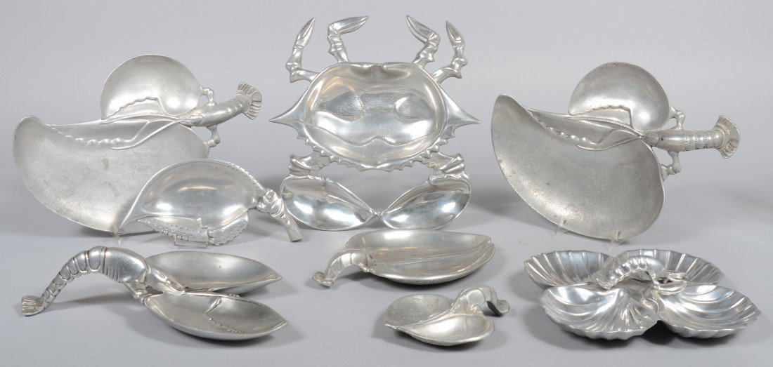 Eight Pieces of Aluminum by Bruce Fox, crab and lob: Eight Pieces of Aluminum by Bruce Fox, crab and lobster form bowls and plates. (one unsigned) 7" to 15 1/2" long. Condition: good with normal wear.