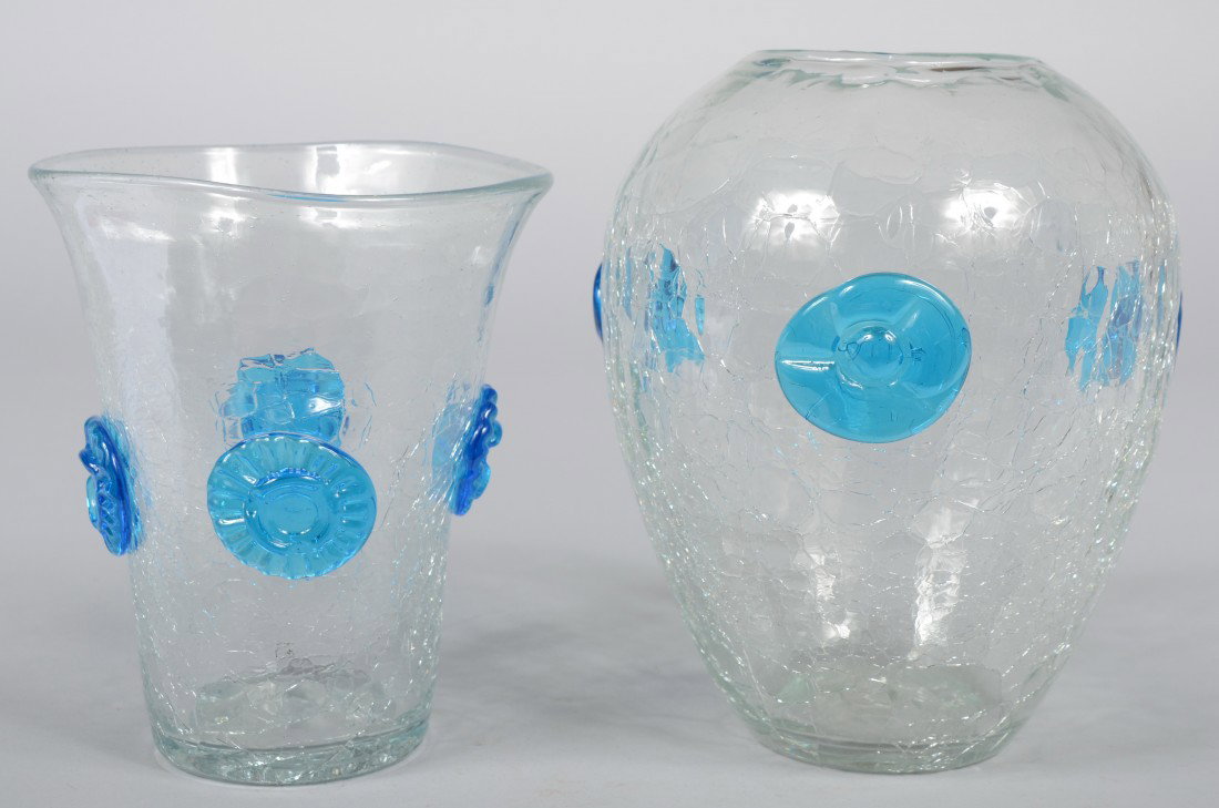 Two Crystal Blenko Crackle Glass Vases, both with : Two Crystal Blenko Crackle Glass Vases, both with applied blue rosettes, bulbous with tapered base, unmarked, 8 1/2"h.; and a conical shape with squared rim, unmarked, 7"h.; both Good.