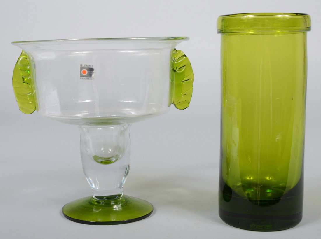 Two Blenko Chartreuse Vases, crystal urn shape wit: Two Blenko Chartreuse Vases, crystal urn shape with applied crimped ears and foot, unmarked except for factory sticker, 8 1/2"h. X 8 1/4"dia.; and weighted base cylinder with folded top rim, 9 1/2"h.;