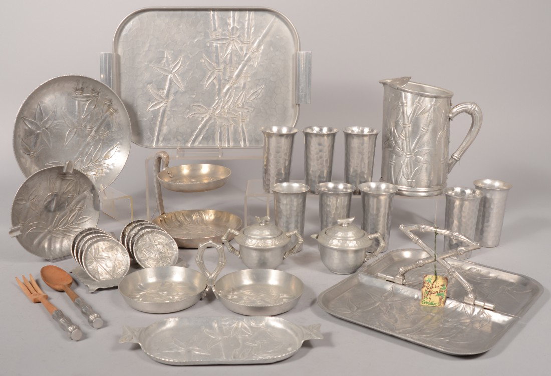 Grouping of Bali-Bamboo pattern Aluminum by Everla: Grouping of Bali-Bamboo pattern Aluminum by Everlast; 9" water pitcher, 8 hammered tumblers, serving tray, 18" wide, folding tray, cream and sugar set with tray, two tiered tray, double bowl tidbit tr