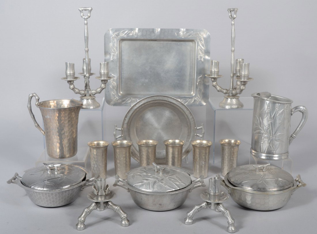 17 Pieces of Bali Bamboo Pattern Aluminum by Everl: 17 Pieces of Bali Bamboo Pattern Aluminum by Everlast. Three covered casseroles (no liners), two various water pitchers, serving tray, six tumblers, pie carrier (no liner) pair of triple socket candel