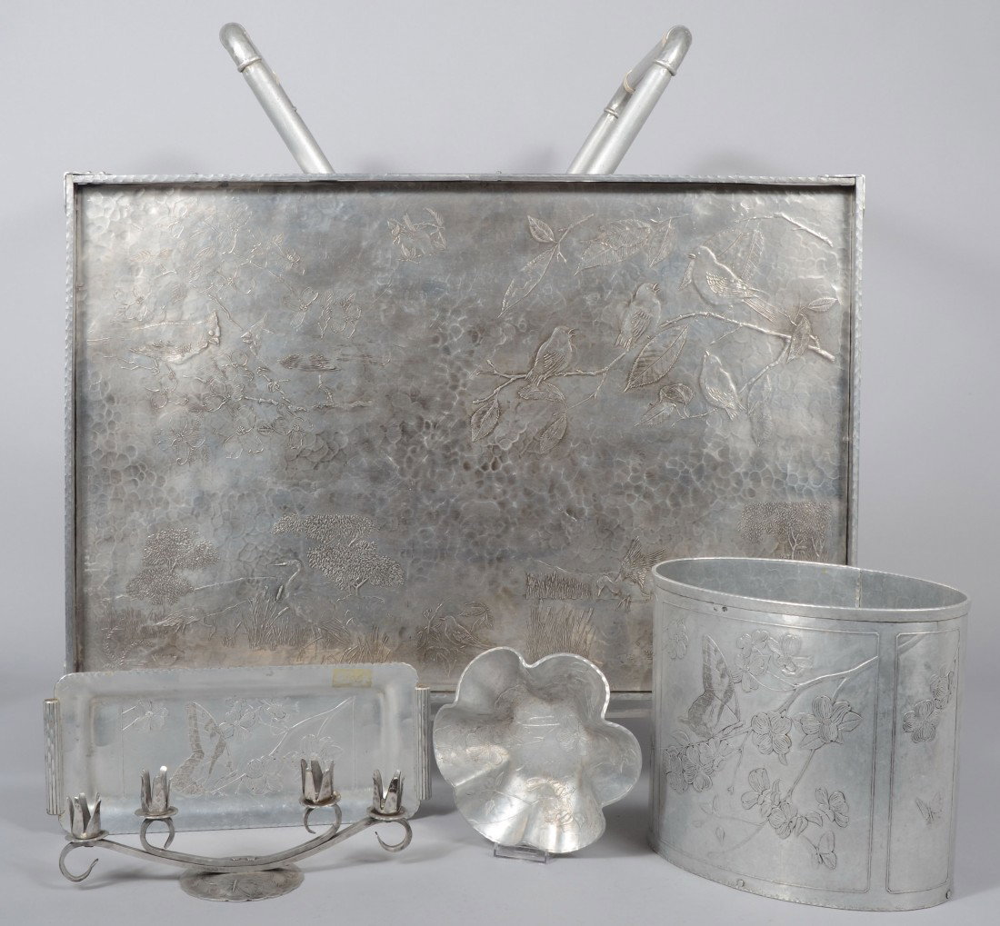 Aluminum Butler Table with Various Bird Designs by: Aluminum Butler Table with Various Bird Designs by De Ponceau, 32"h x 31"w x 20 1/2"d. and four Butterfly and Dogwood design pieces; waste basket, 10" high, rectangular tray, 14 1/4" wide, four socket