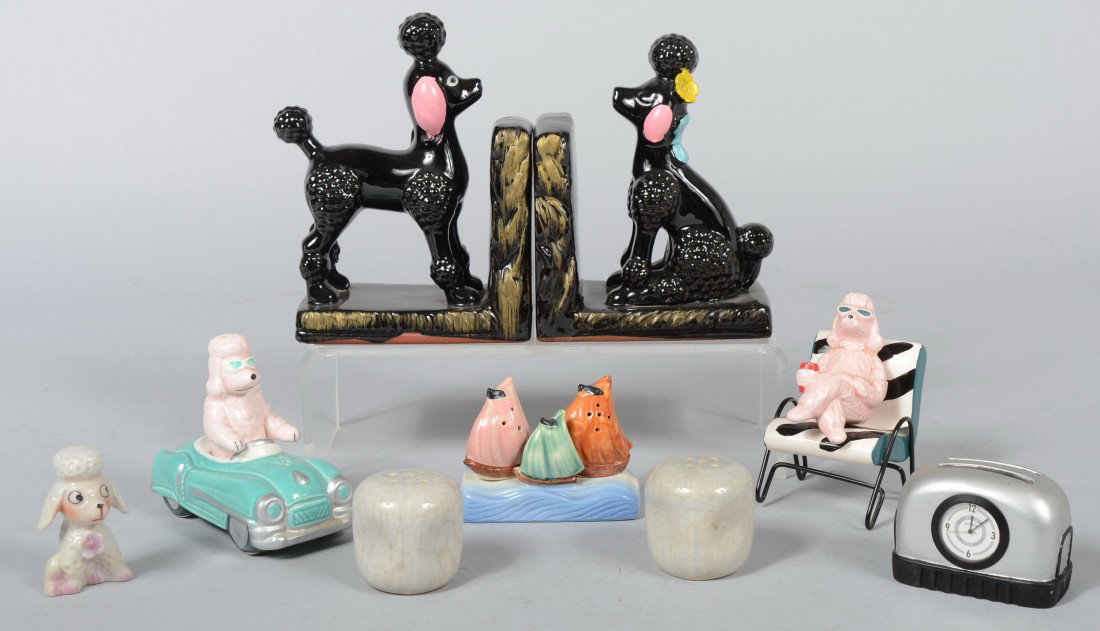 MID-CENTURY AND MID-CENTURY INSPIRED WHIMSIES incl: MID-CENTURY AND MID-CENTURY INSPIRED WHIMSIES including period poodle bookends, poodle figurine, modern salt and pepper shakers, period sail boat salt and pepper shakers; reproduction poodles salt and