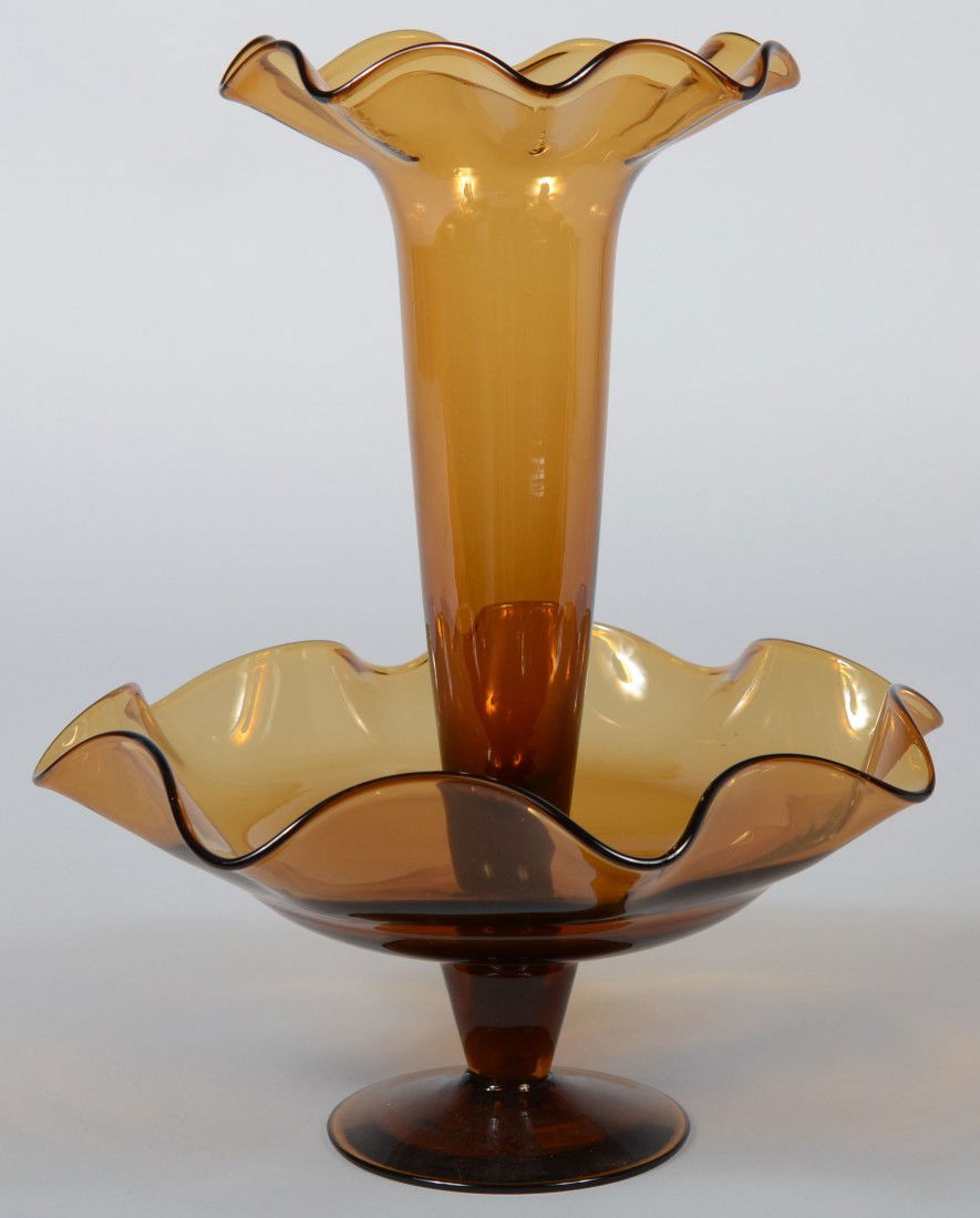 Two Piece Amber Blenko Epergne, footed with short: Two Piece Amber Blenko Epergne, footed with short stem and wide rippled bowl, match ground vase fitted into taza with tapered body flared to rippled mouth, 13"h. overall, unmarked, Good.