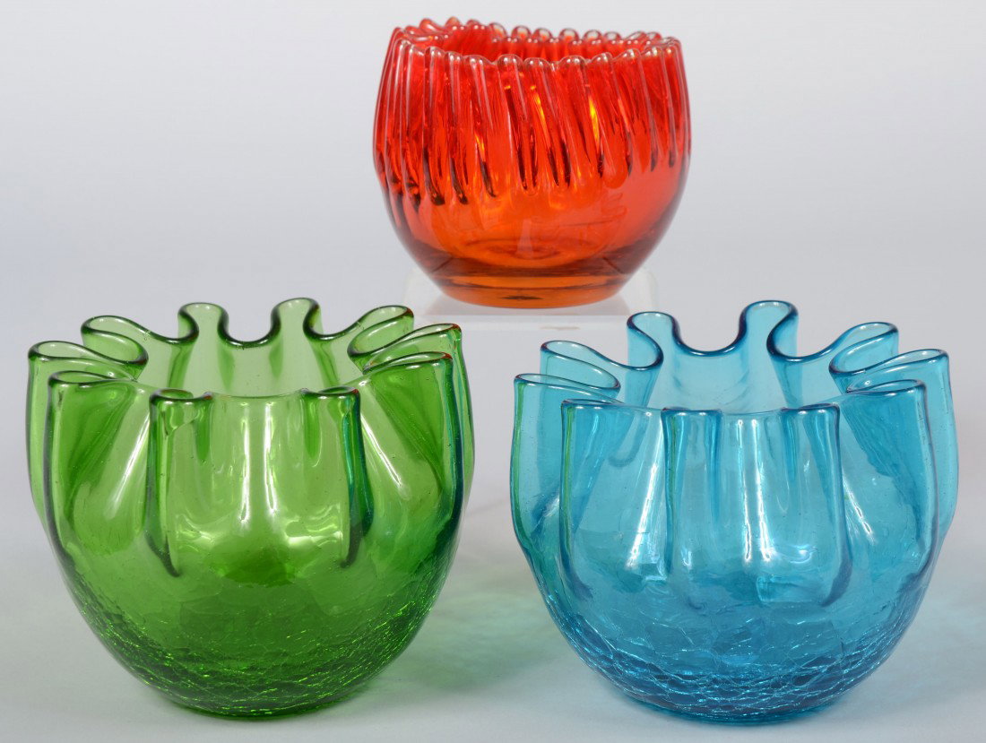 Three Blenko Rippled Edge Bowl Vases, green crackl: Three Blenko Rippled Edge Bowl Vases, green crackle, 5 1/2"dia.; blue crackle, 5 1/2"dia.; ruby with double ripple, 4"dia.; all Good.