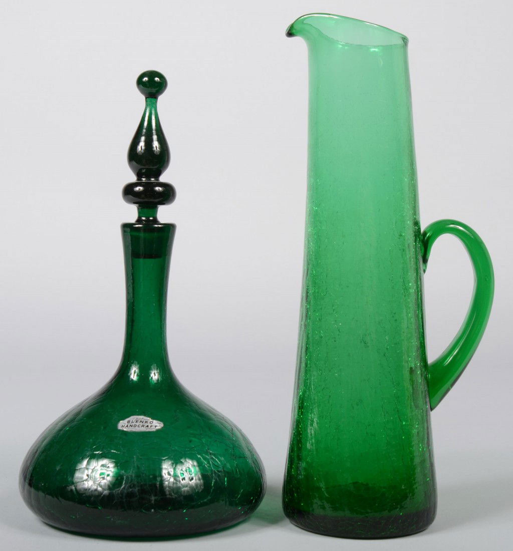 Two Blenko Crackle Glass Vessels, an onion shaped: Two Blenko Crackle Glass Vessels, an onion shaped emerald decanter, long neck with ornate match ground stopper, unmarked except for factory "hand" sticker, 12 1/2"h.; a tall tapered green pitcher with