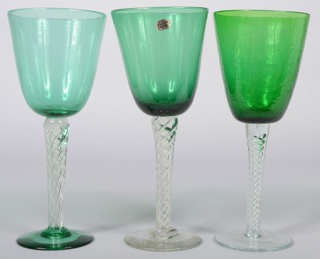 Three Green Blenko Giant Goblets with Air Spiral S: Three Green Blenko Giant Goblets with Air Spiral Stems, bucket shaped bowls, one crackle others plain, one with green foot others clear, all unmarked, one has factory "hand" sticker, all 13"h.+/- ; al