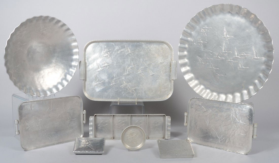 Nine Pieces of Flying Geese Pattern Aluminum by Ar: Nine Pieces of Flying Geese Pattern Aluminum by Arthur Armour. 19" wall plaque, 15" console bowl, 16 1/4" divided relish tray, two hinged lid boxes, coaster and three rectangular trays, two 14 1/4" an