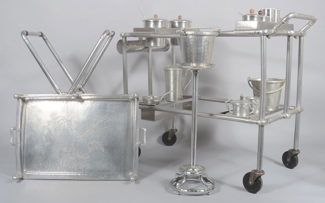 Lot of Aluminum by Everlast including a patio cart: Lot of Aluminum by Everlast including a patio cart with many accessories (but incomplete) , Butler stand with galleried tray and wine stand with ice bucket. Condition: good with normal wear.