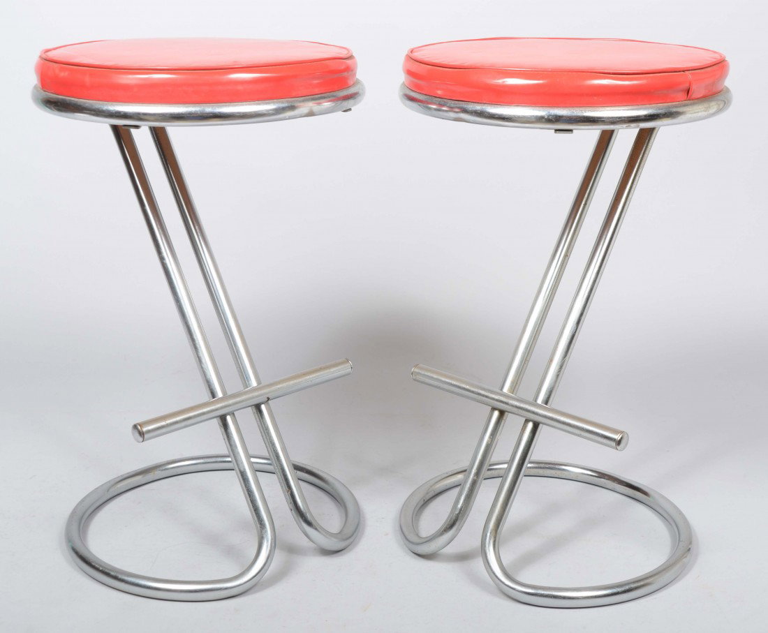 Pair of Chrome Frame Art Deco Machine Age Gilbert: Pair of Chrome Frame Art Deco Machine Age Gilbert Rohde "Z" Stools made for Troy with red vinyl upholstered seats (labeled Troy). 24" high x 14" diam. Condition: good with some pitting to frames.