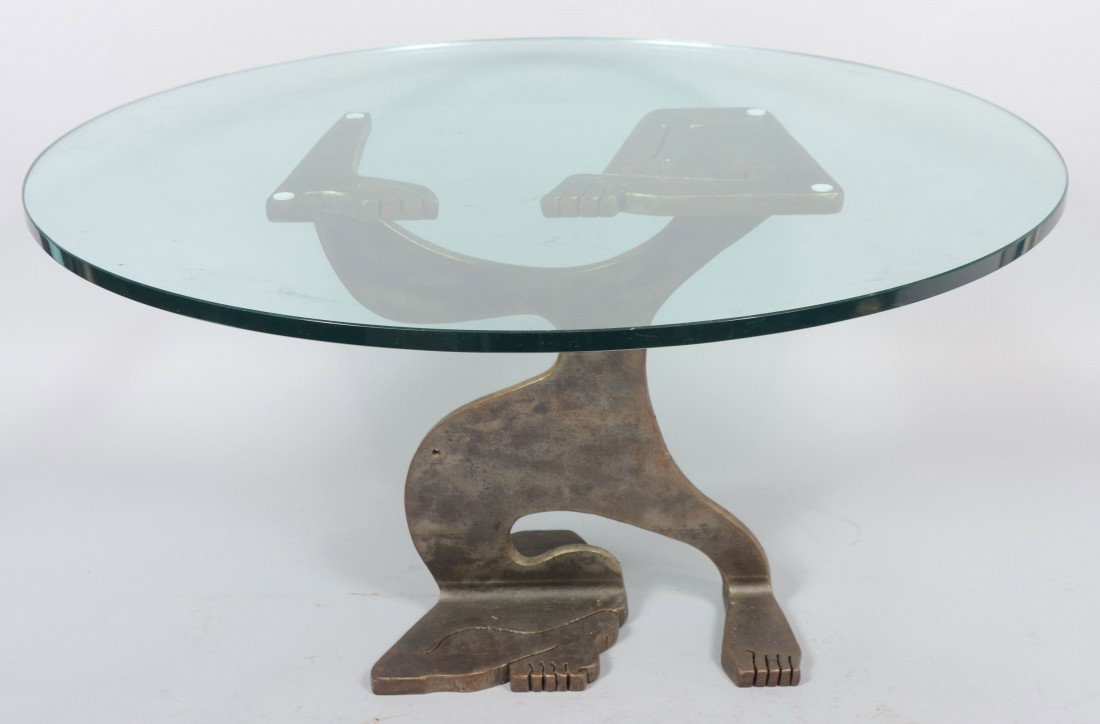 Steel Abstract Human Figural Channel Torch Cut Me: Steel Abstract Human Figural Channel Torch Cut Metal Sculptural Base Cocktail Table with heavy circular glass top, signed "A.L. Wilson, C '81", (Albert Leon Wilson, American, New York and California,