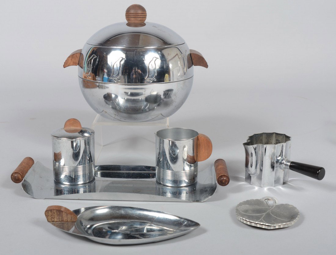 Art Deco Lot including West Bend Penguin ice bucke: Art Deco Lot including West Bend Penguin ice bucket with wood handles and finials, chrome cream and sugar set and more. Condition: good with normal wear.