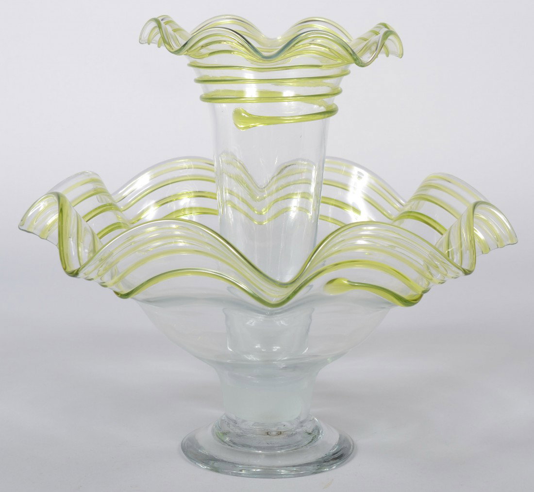 Blenko Epergne, crystal pedistal bowl with raised: Blenko Epergne, crystal pedistal bowl with raised foot and wide rippled rim, 15 1/2"dia., with a conical vase with wide rippled rim matched ground into center of bowls hollow pedistal. Rippled rims wi