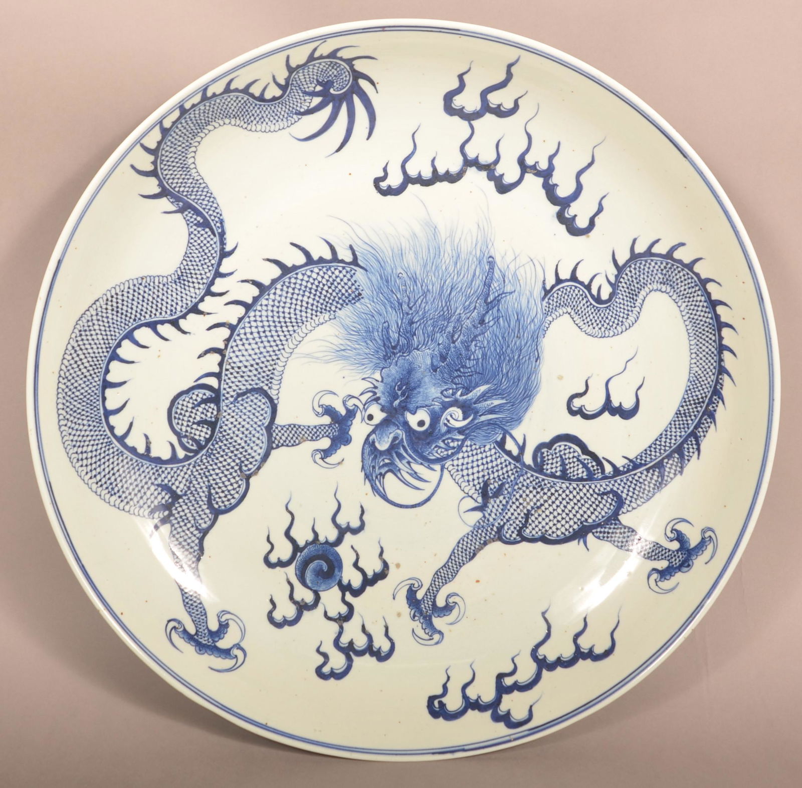 Large Antique Blue and White Dragon Charger. (1 of 4)