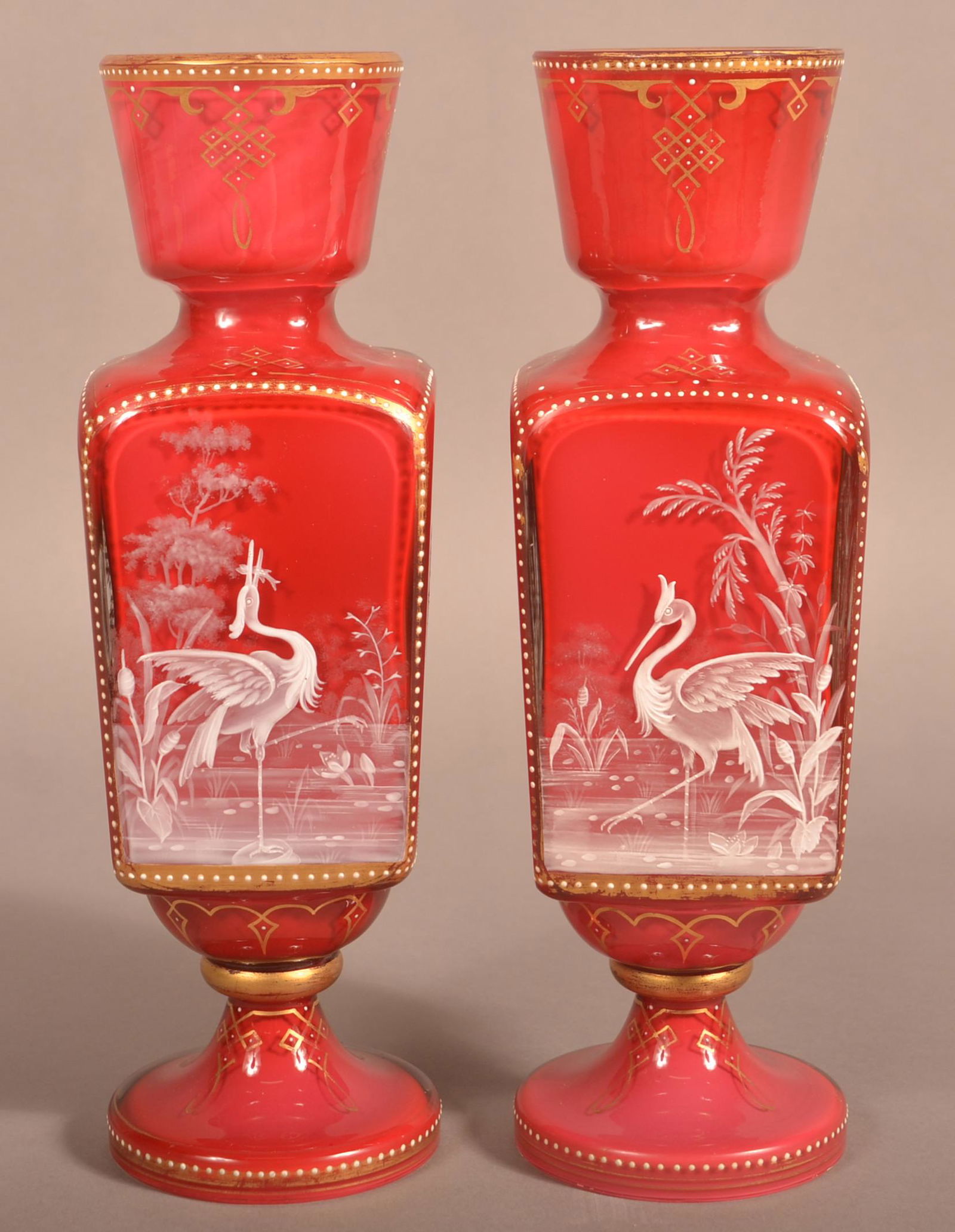 Pair Victorian Art Glass Cranberry Overlay Vases. (1 of 4)