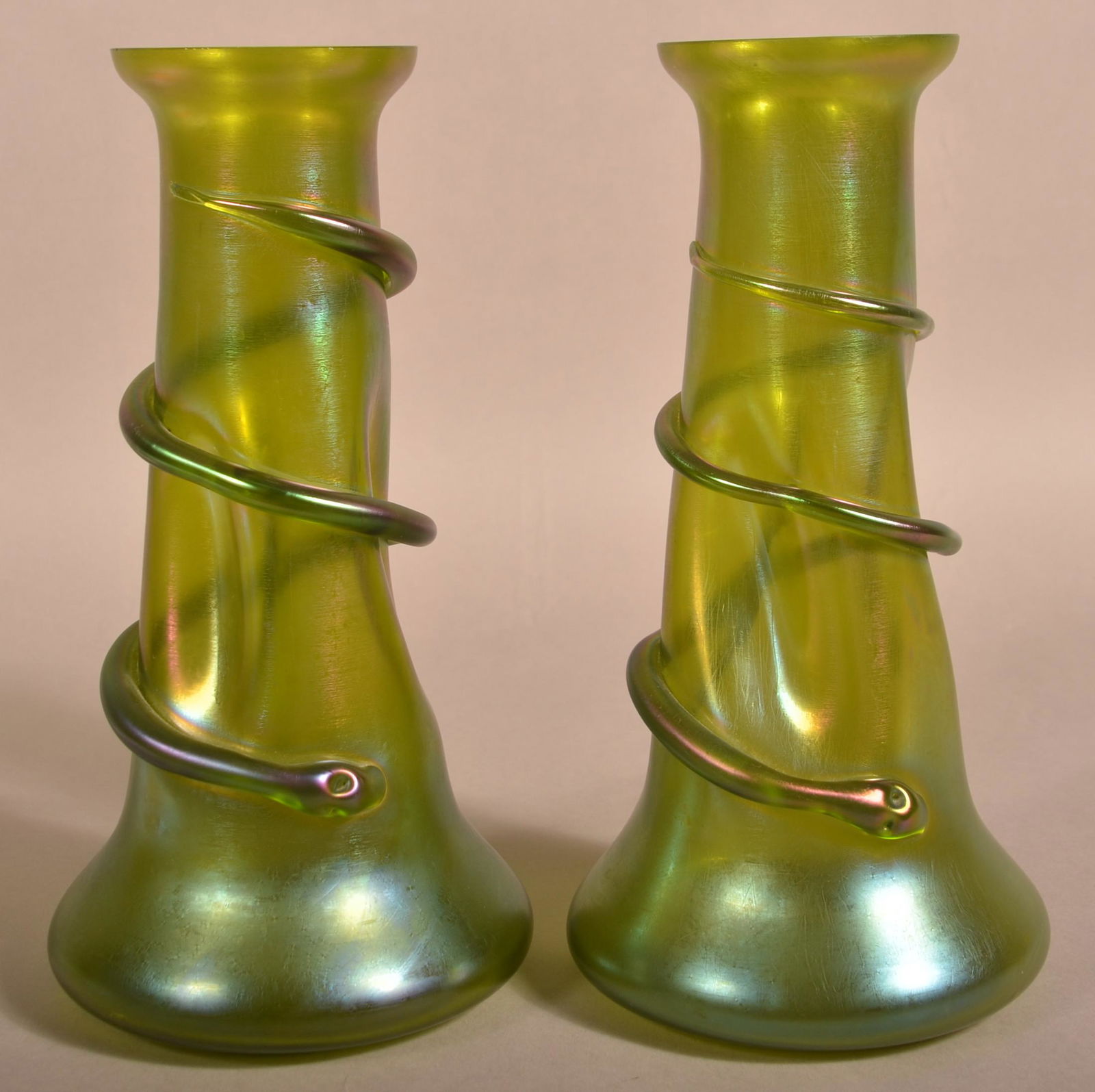 Pair of Loetz Type Snake Vases. (1 of 4)