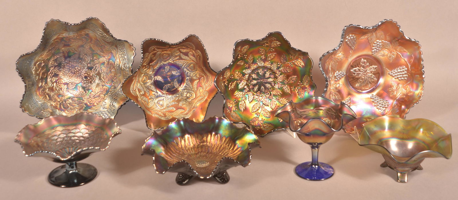 Eight Various Pieces of Carnival Glass. (1 of 4)