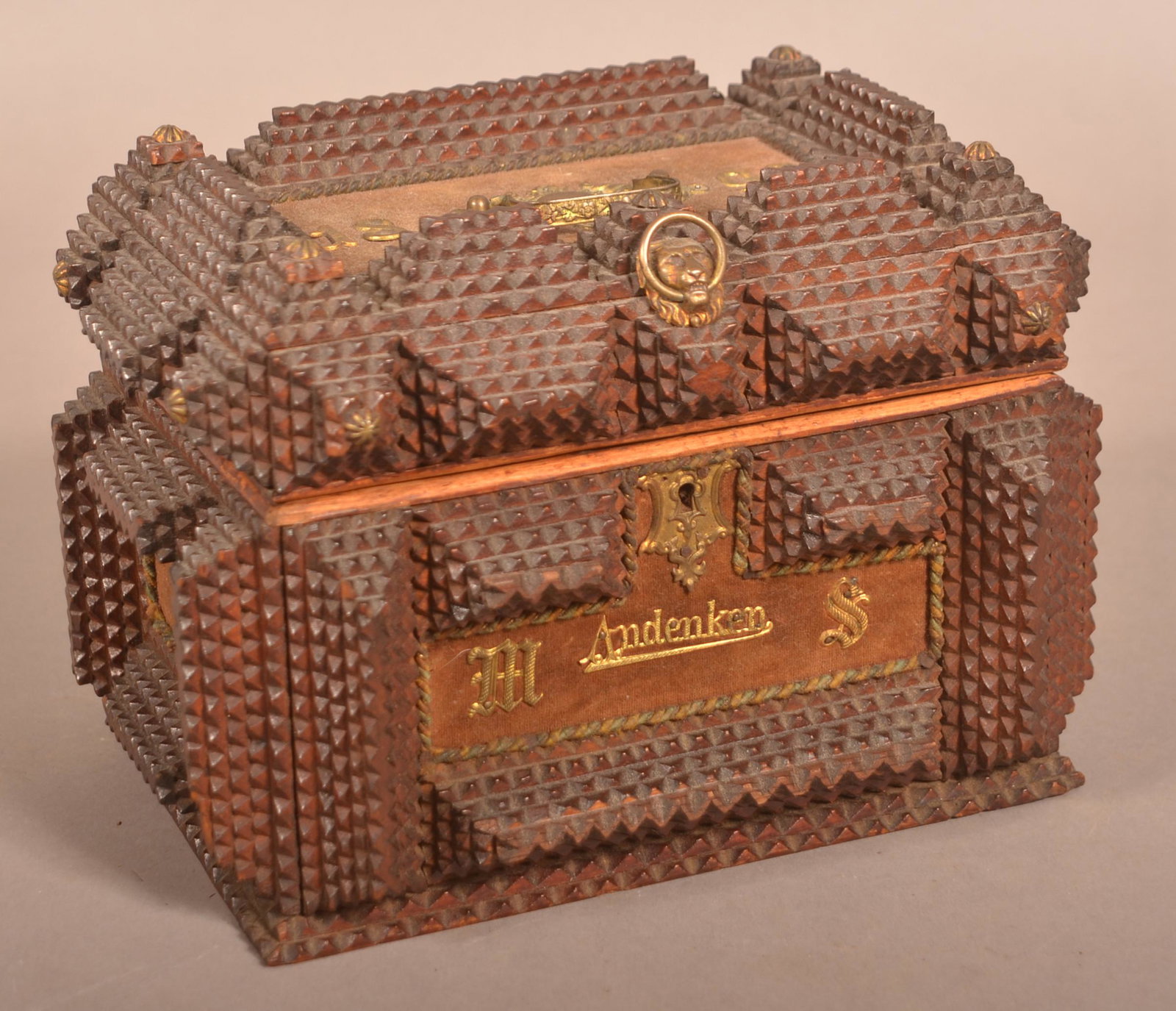 Tramp Art Trinket Chest Dated 1893.: Tramp Art Trinket Chest Dated 1893. 7"h. x 9-1/2"w. x 7"d. Condition: Good with wear.