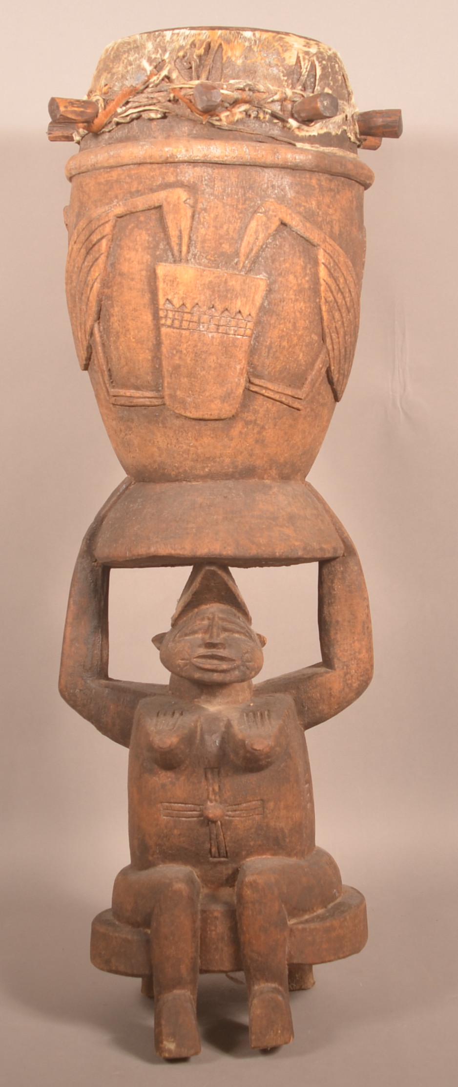 Antique African Tribal Carved Figural Drum. (1 of 4)