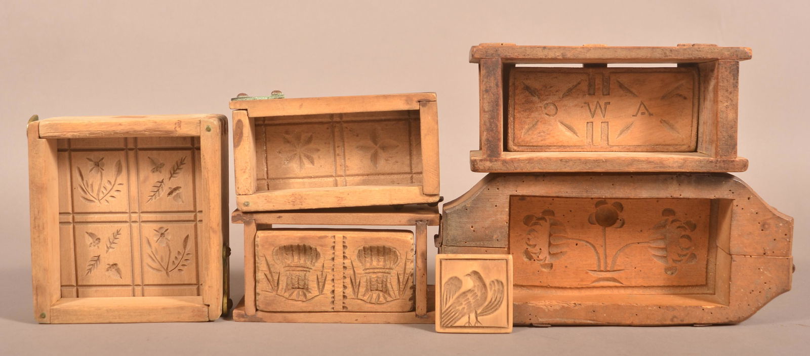 Five Various Antique Box Frame Butter Molds. (1 of 2)
